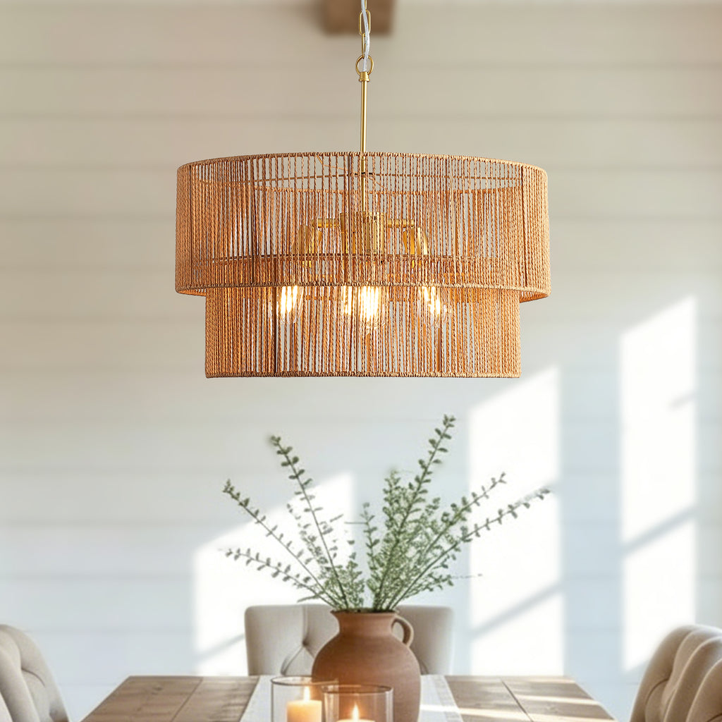 Handwoven Paper Rattan Boho Chandelier with 7-Light E26 Base, 60cm Adjustable Height Wave Pendant Light for Living Room, Sloped Ceiling Compatible, Sturdy Metal Hardware, Warm Glow for Dining Room