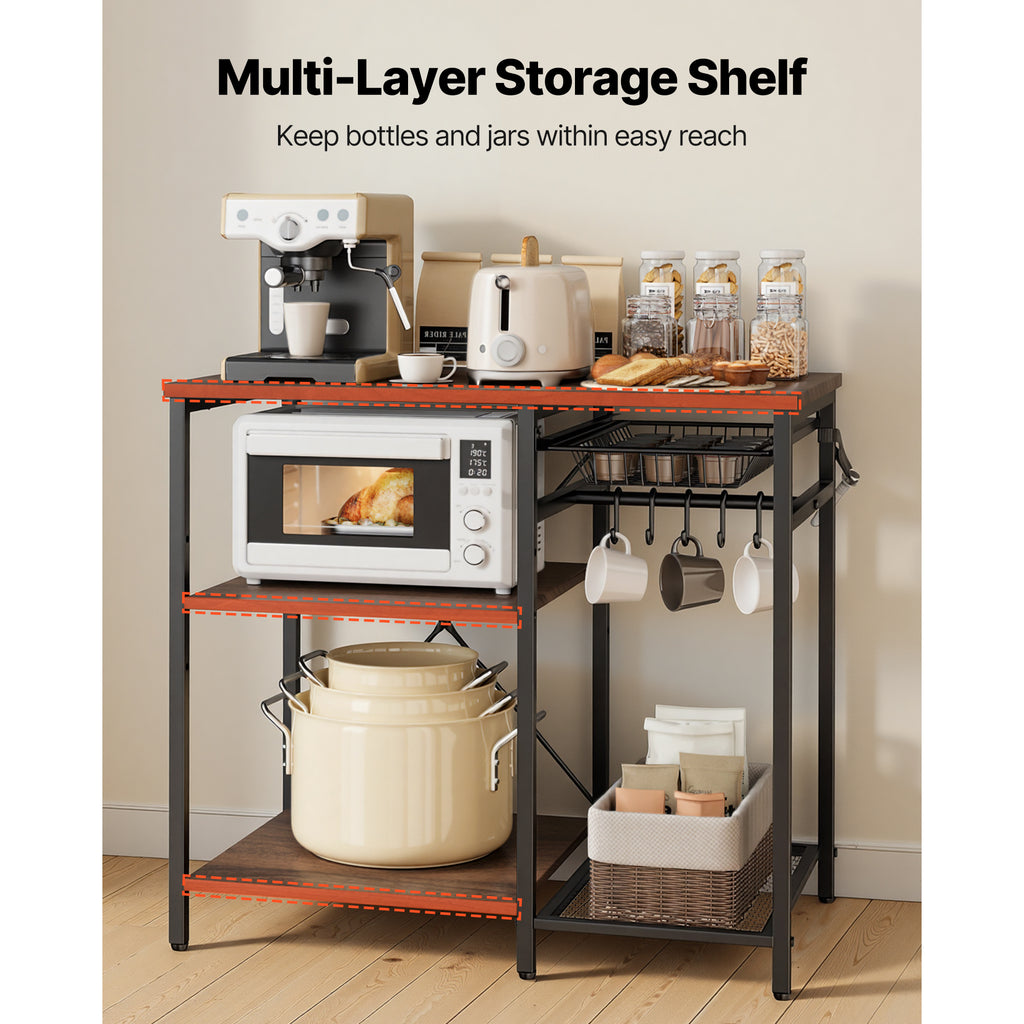 Kitchen Bakers Rack, 35.4 inch Width Bakers Rack, Kitchen Stand with X-Shaped Support Bar, 5 S-Shaped Hooks, Multi-Layer Storage Shelf, Coffee Bar Stand for Dishes & Bowls, Spice Bottles