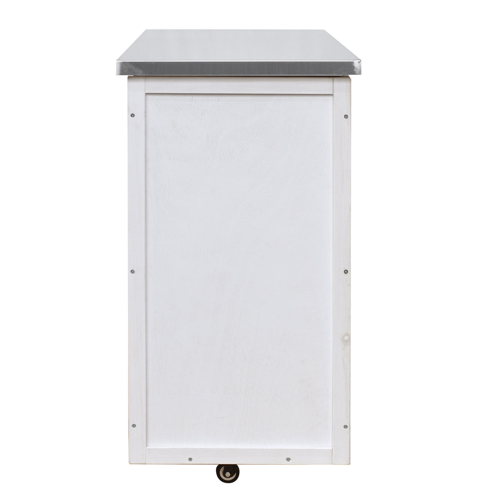 Outdoor Kitchen Island Fir Wood Prep Station Lockable Kitchen Cart with Stainless Top, Ample Storage Space, Towel and Spice Racks for Patio and Outdoor, White