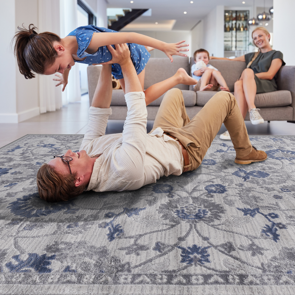 MARFI Collection 2.2X8. Blue / Silver / Oriental Runner Rug Modern, Contemporary, Non-Shedding & Easy to Clean, Ideal for Living Room, Bedroom, Dining Space, 96*26 inch