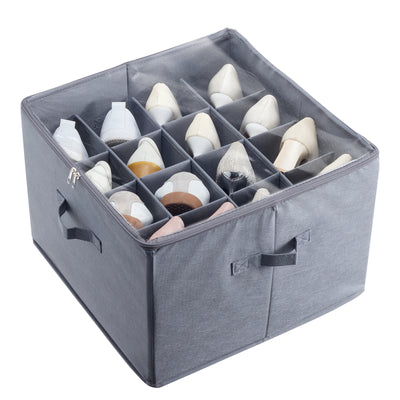 Under Bed Shoe Storage Organizer, 1 Pack, 16 Compartments, Underbed Shoe Box Storage Containers Adjustable Dividers, Sandal Organizer Storage with Clear Window, Breathable, Reinforced Handles