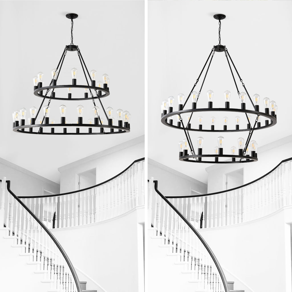 52 Inch Black Extra Large Wagon Wheel Chandelier, 2 Tier 36-Lights (24+12) +(12+24) Farmhouse Industrial Round High Ceiling Pendant Light Adjustable Chain, for Dining Room, Living Room,Kitchen