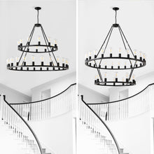 Load image into Gallery viewer, 52 Inch Black Extra Large Wagon Wheel Chandelier, 2 Tier 36-Lights (24+12) +(12+24) Farmhouse Industrial Round High Ceiling Pendant Light Adjustable Chain, for Dining Room, Living Room,Kitchen