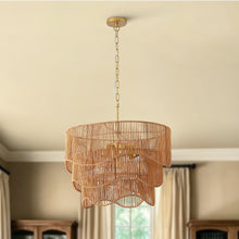 Load image into Gallery viewer, Handwoven Paper Rattan Boho Chandelier with 7-Light E26 Base, 60cm Adjustable Height Wave Pendant Light for Living Room, Sloped Ceiling Compatible, Sturdy Metal Hardware, Warm Glow for Dining Room