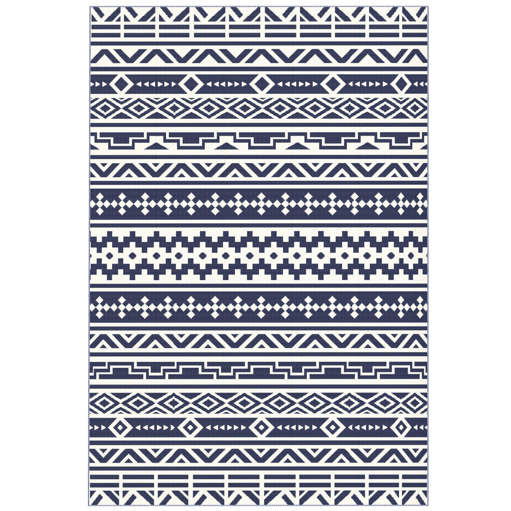 Outsunny Outdoor Patio Rug, Large Camping Carpet with Carrying Bag, 6' x 9' Waterproof Plastic Straw, Reversible, Blue & White Geometric