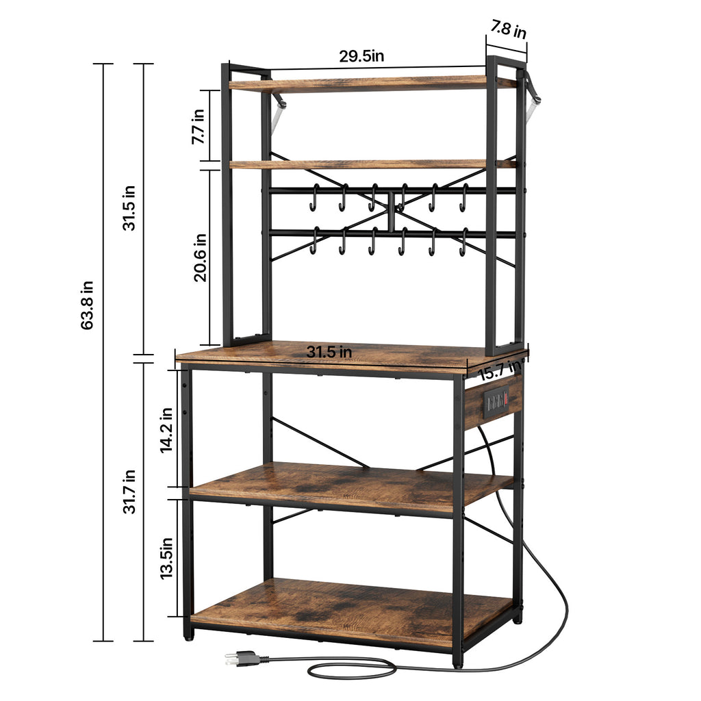 Kitchen Bakers Rack, 5 ft Power Cable Bakers Rack with Power Outlet, Kitchen Stand with X-Shaped Support Bar, 12 S-Shaped Hooks, Coffee Bar Stand for Dishes, Spice Bottles, Built-In Power Strip