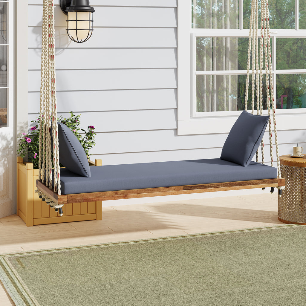TOPMAX Patio Wooden Swing Chair, Hanging Porch Swing Bench with Cushion&Pillows, 10.8Ft Hemp Ropes for Garden,Backyard, Lawn,Gray