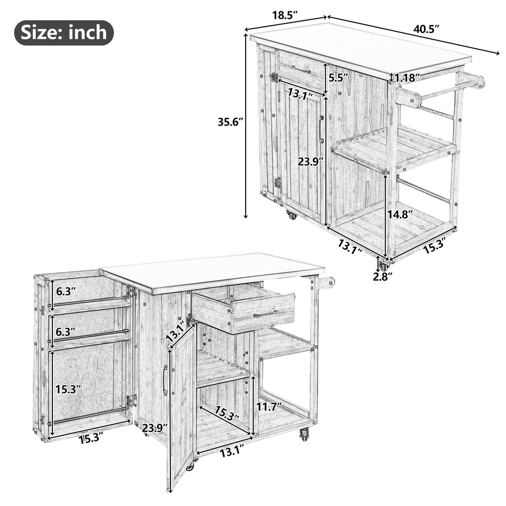 Outdoor Kitchen Island Fir Wood Prep Station Lockable Kitchen Cart with Stainless Top, Ample Storage Space, Towel and Spice Racks for Patio and Outdoor, White