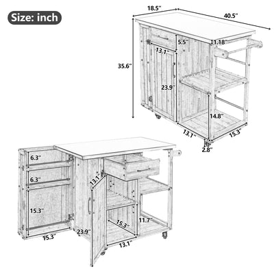 Outdoor Kitchen Island Fir Wood Prep Station Lockable Kitchen Cart with Stainless Top, Ample Storage Space, Towel and Spice Racks for Patio and Outdoor, White