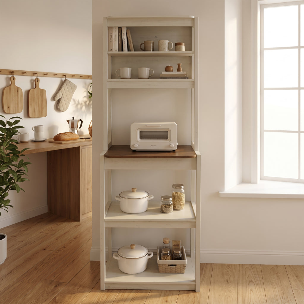 31.5" White and Black color 5-Tier Bakers Rack for Kitchen with Storage, Coffee Bar, Kitchen Shelves,  Microwave Stand