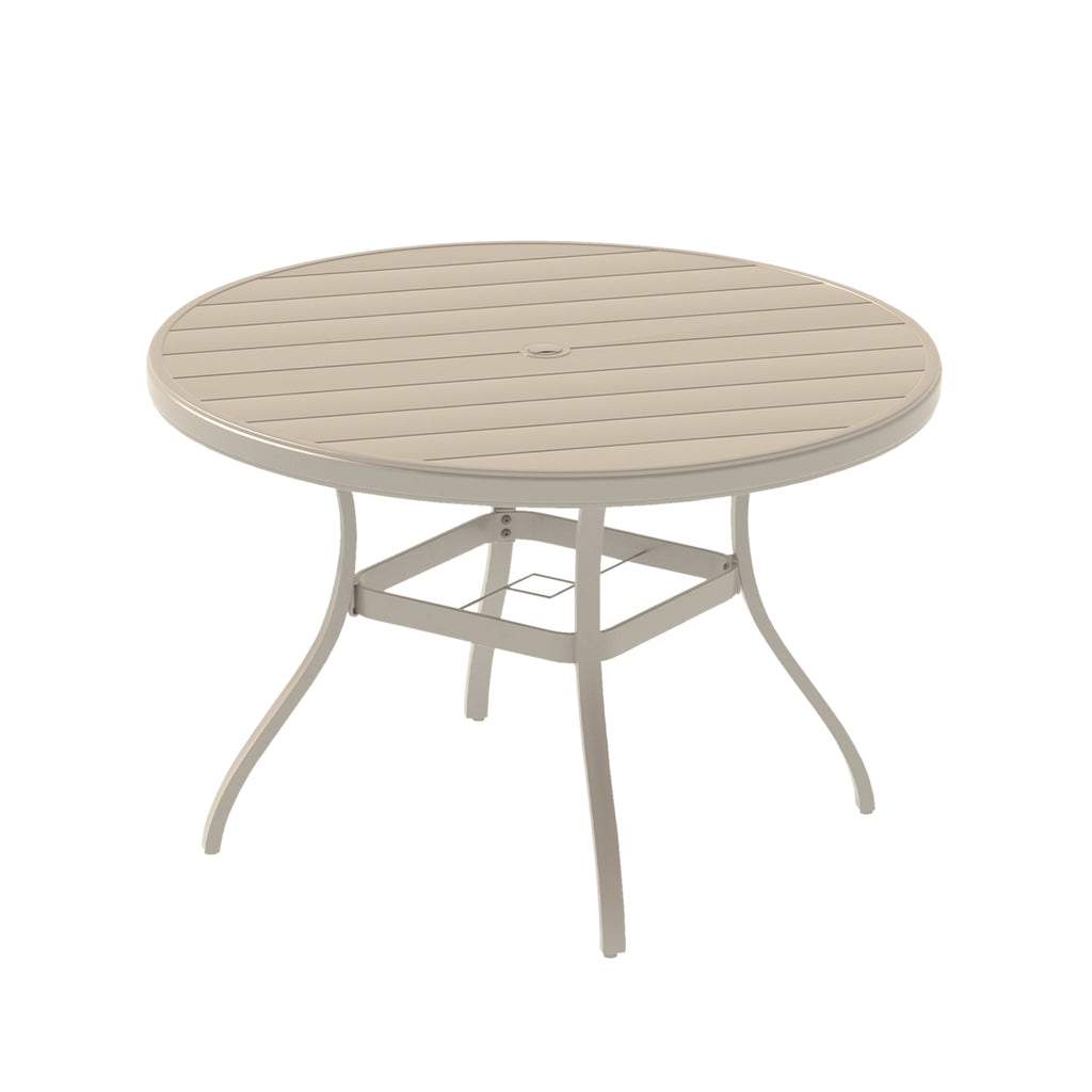 Outdoor Round Patio Dining Table for 6-7, All Weather Metal Dining Table with Umbrella Hole for Deck Lawn Garden Backyard, Sandstone Color