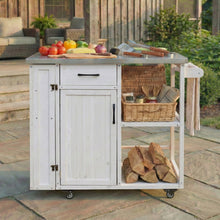 Load image into Gallery viewer, Outdoor Kitchen Island Fir Wood Prep Station Lockable Kitchen Cart with Stainless Top, Ample Storage Space, Towel and Spice Racks for Patio and Outdoor, White