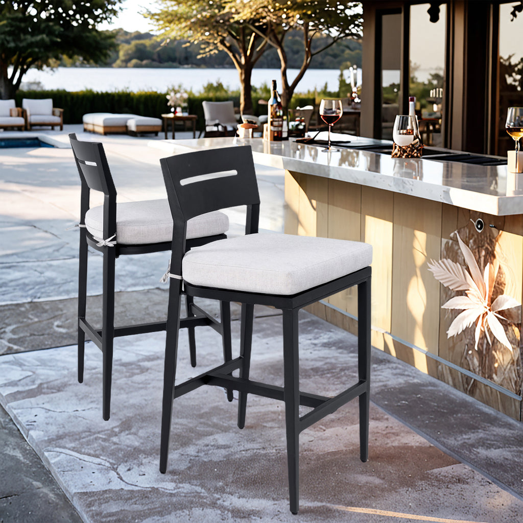 Modern Outdoor 2-Piece Swivel Bar Chairs – Aluminum Frame with Ember Black, 360° Swivel, Ergonomic Backrest & Armrests, Tapered Legs, Sunbrella Cushion, Weather-Resistant & Durable Patio Bar Stool