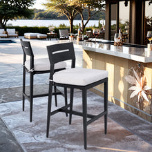 Load image into Gallery viewer, Modern Outdoor 2-Piece Swivel Bar Chairs – Aluminum Frame with Ember Black, 360° Swivel, Ergonomic Backrest &amp; Armrests, Tapered Legs, Sunbrella Cushion, Weather-Resistant &amp; Durable Patio Bar Stool