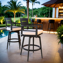 Load image into Gallery viewer, Modern Outdoor 2-Piece Swivel Bar Chairs – Aluminum Frame with Ember Black, 360° Swivel, Ergonomic Backrest &amp; Armrests, Tapered Legs, Sunbrella Cushion, Weather-Resistant &amp; Durable Patio Bar Stool