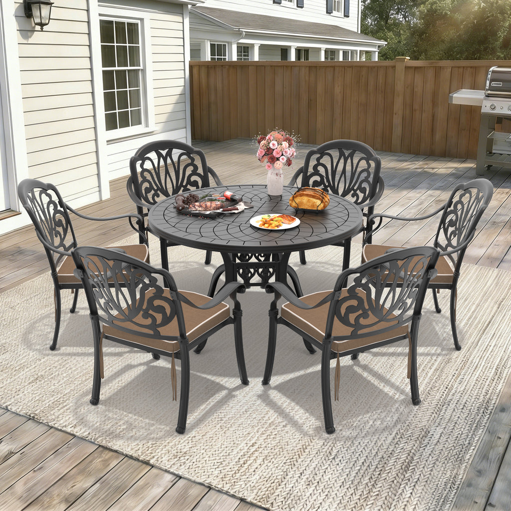Ø47.24-inch Cast Aluminum Patio Dining Table With Black Frame and Carved Texture on the Tabletop (same sku: W171084479)