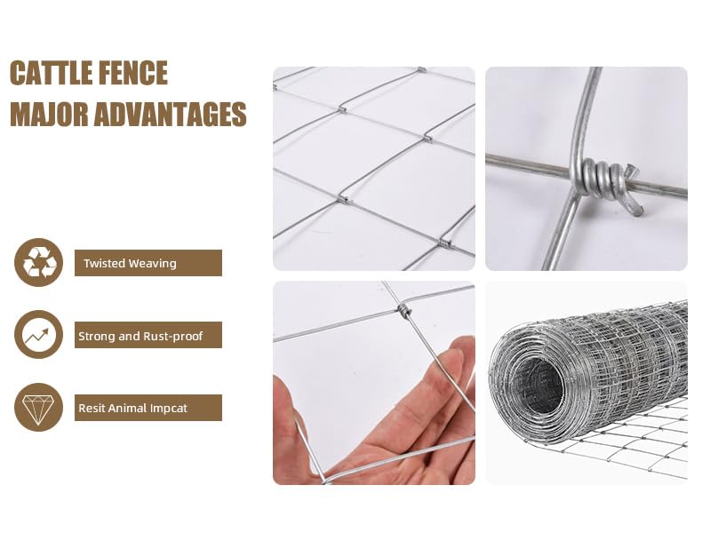 Farm Livestock Fence, 6*328FT Galvanised Iron Wire Farm Fence Cattle Fence Deer Fence Grassland Fence,Please Check Size Chart, Not for Small Animals