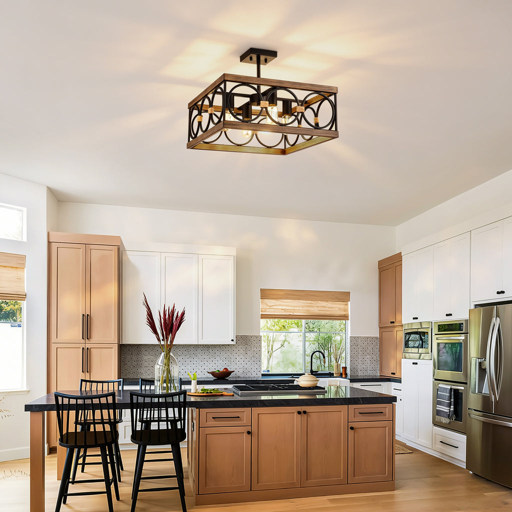 4-Light Square Kitchen Island Lights Ceiling Light Farmhouse Dining Room Light Fixture, Wood and Black Metal Rectangular Ceiling Light, Ceiling Lighting for Living Room,Conference Room, Home Office
