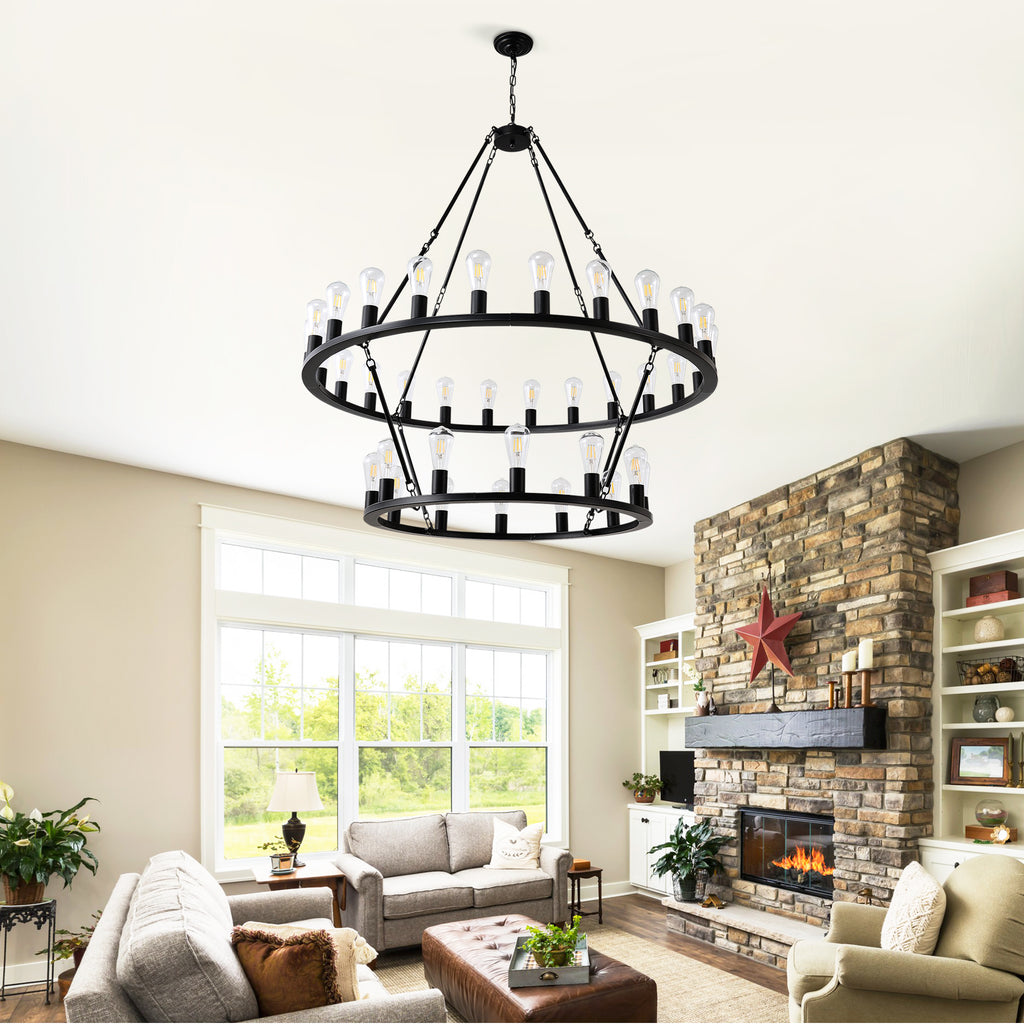 52 Inch Black Extra Large Wagon Wheel Chandelier, 2 Tier 36-Lights (24+12) +(12+24) Farmhouse Industrial Round High Ceiling Pendant Light Adjustable Chain, for Dining Room, Living Room,Kitchen