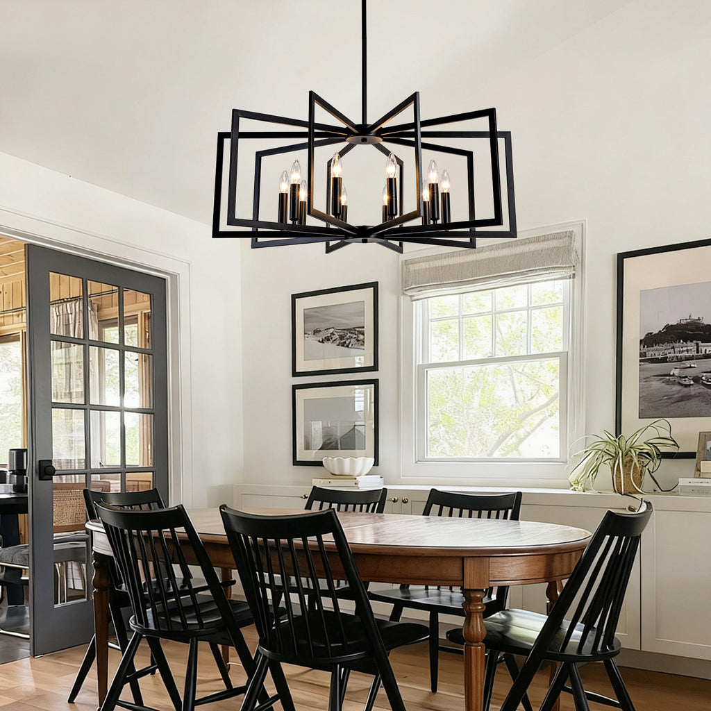 10-Light Metal Lantern Tiered Pendant Hanging Light Fixtures, Industrial Farmhouse Adjustable Height Chandeliers for Dining Room Hallway Foyer Entryway--Matte Black (E26 Bulbs Not Included)