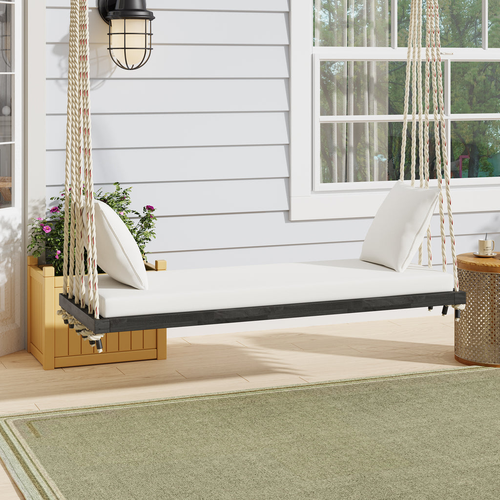 TOPMAX Patio Wooden Swing Chair, Hanging Porch Swing Bench with Cushion&Pillows, 10.8Ft Hemp Ropes for Garden,Backyard, Lawn,Gray