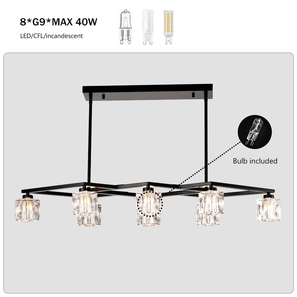 Matte Black Crystal  Chandelier for Dining Room, 8-Light Kitchen Chandelier Light Fixture Modern Metal Industrial  Chandeliers for Farmhouse Entryway Living Room (8*G9 Bulbs Included)