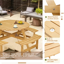 Load image into Gallery viewer, Outdoor 8 Person Picnic Table, 8 person Round Picnic Table with 4 Built-in Benches, Umbrella Hole, Outside Table and Bench Set for Garden, Backyard, Porch, Patio,  Natural