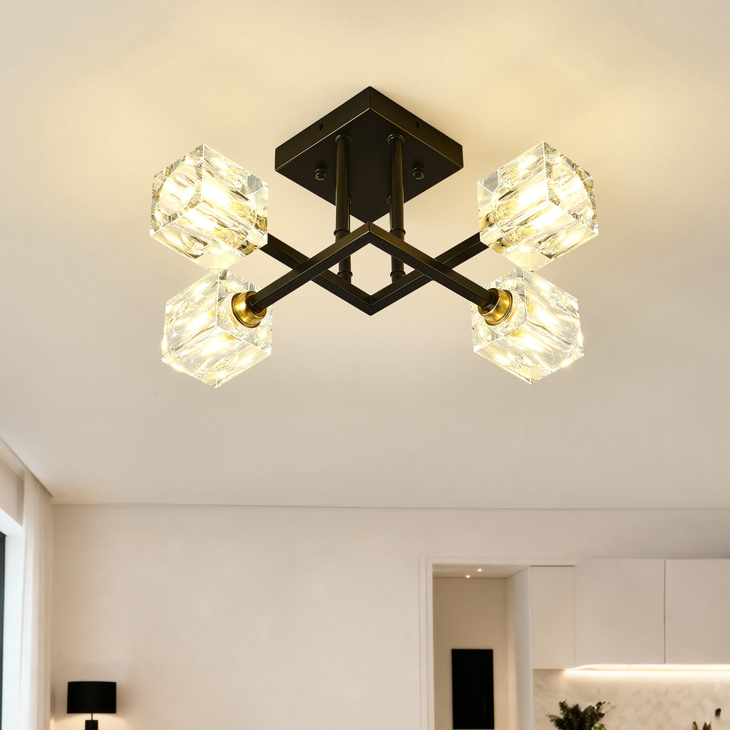Modern Luxurious Crystal Ceiling Light, 4 Lights (BO INCLUDED Bulb) Modern Crystal Ceiling Light for Dining Room, Pendant Lamp Ceiling Lighting for Living Bedroom Hall Balcony --Matte Black