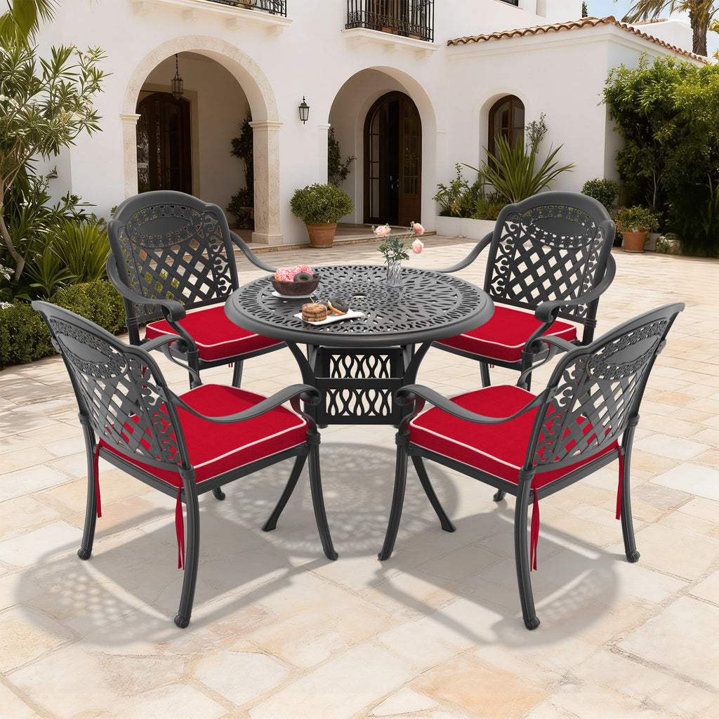 Ø35.43-inch Cast Aluminum Patio Dining Table With Black Frame and Umbrella Hole (same sku: W171084475,W1710P497717)
