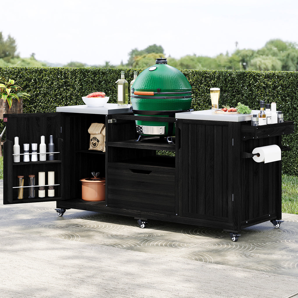 K&K 66.5" Outdoor Kitchen Island for Big Green Egg Grills, Solid Wood Outdoor Grill Cart for Tabletop Grill with Stainless Steel Top, Drawer, Compatible with Large Big Green Egg, Kamado Joe- Grey Blue
