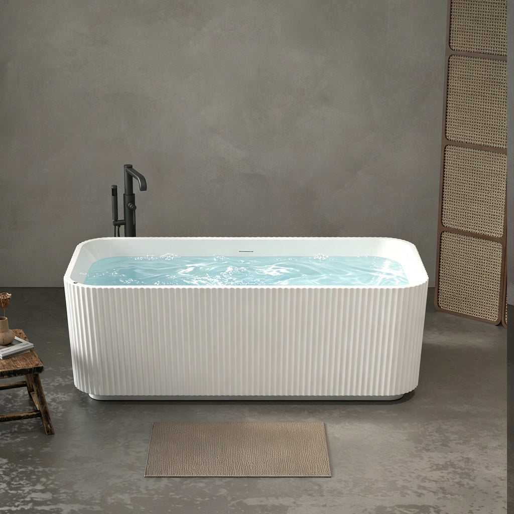 67" Rectangle Linear Acrylic Massage Whirlpool Bathtub Freestanding Bathtub Stand Alone Soaker Tub, Glossy White Acrylic, POP-UP Chrome Drain, cUPC Certified