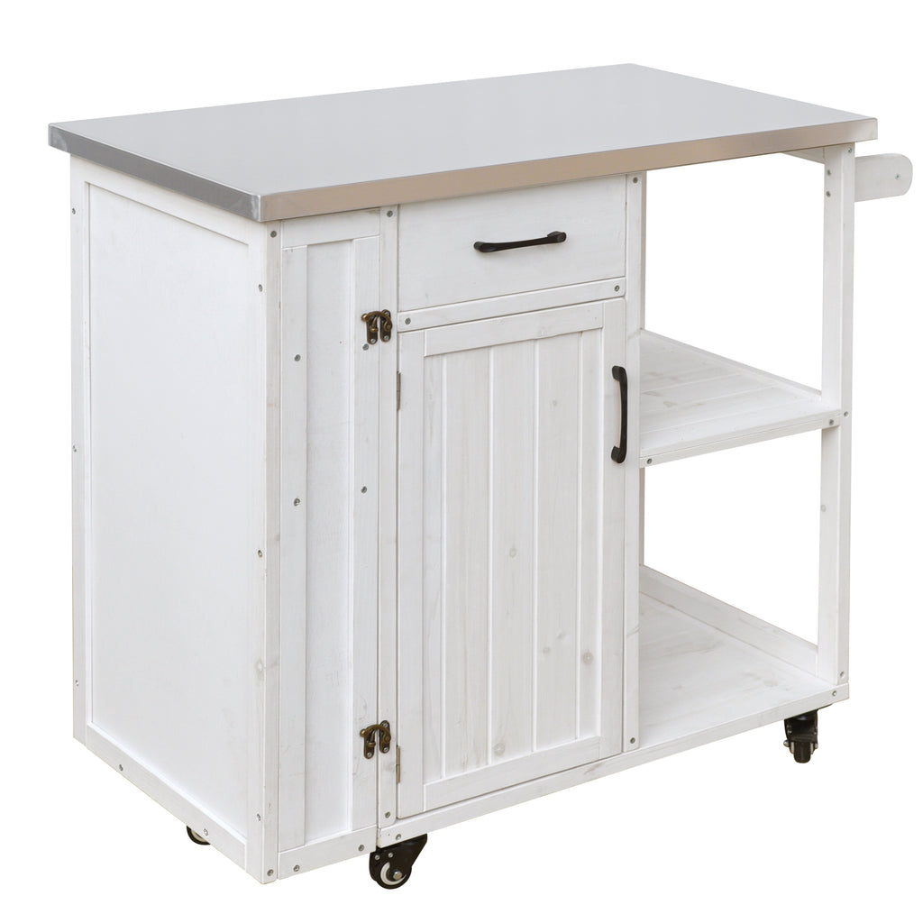 Outdoor Kitchen Island Fir Wood Prep Station Lockable Kitchen Cart with Stainless Top, Ample Storage Space, Towel and Spice Racks for Patio and Outdoor, White