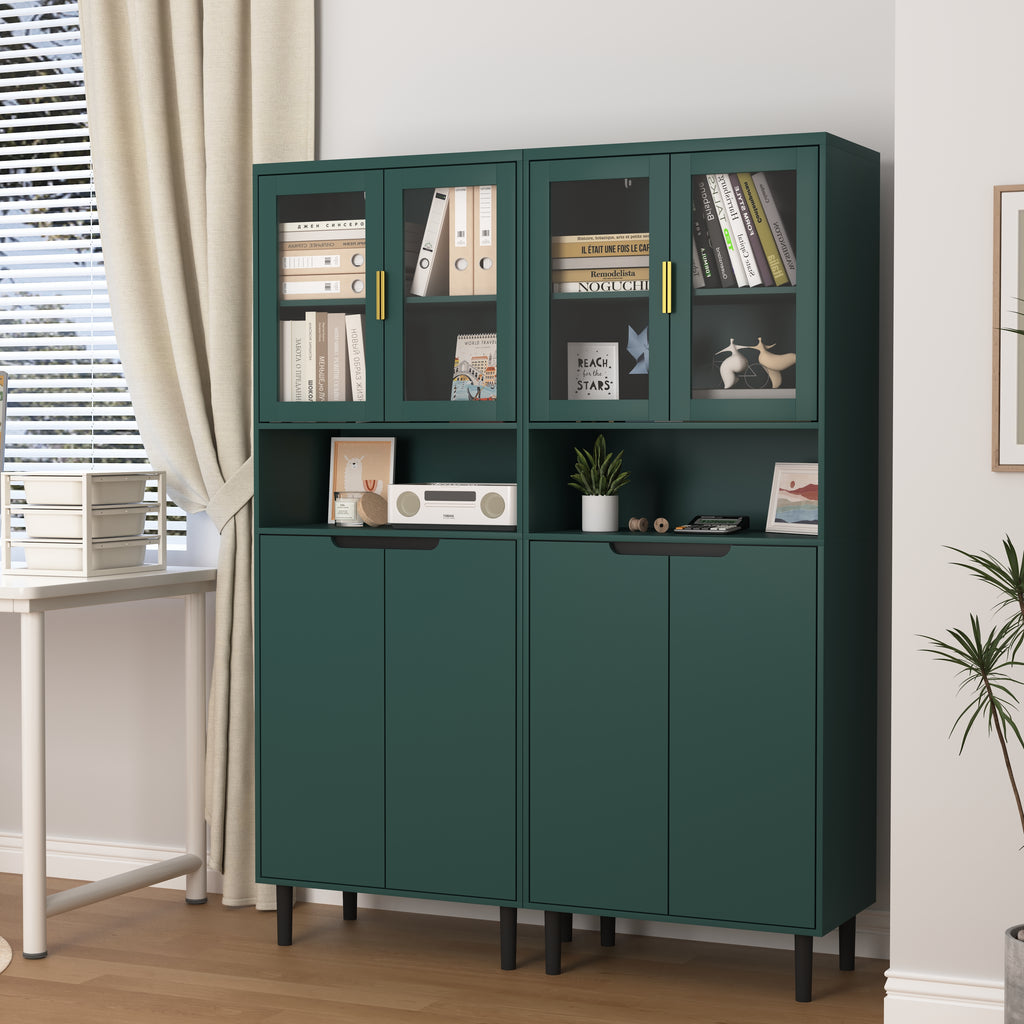 Tempered Glass Door Tall Storage Bookcase with adjustable board, 4 doors MDF painting finished cabinet, Green, Living room Bedroom storage