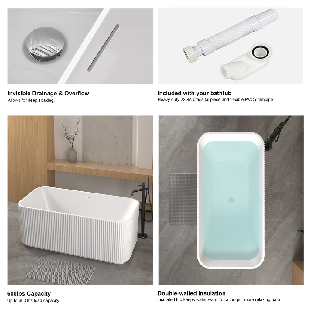 59"Rectangle Linear Acrylic Freestanding Bathtub Stand Alone Soaker Tub, Glossy White Acrylic, POP-UP Chrome Drain, cUPC Certified,