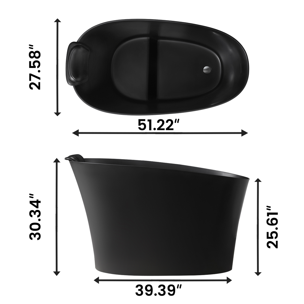 51" Solid Surface Oval Freestanding Black Bathtub with Overflow and Drain Assembly, with Integral Seat and headrest, LTL