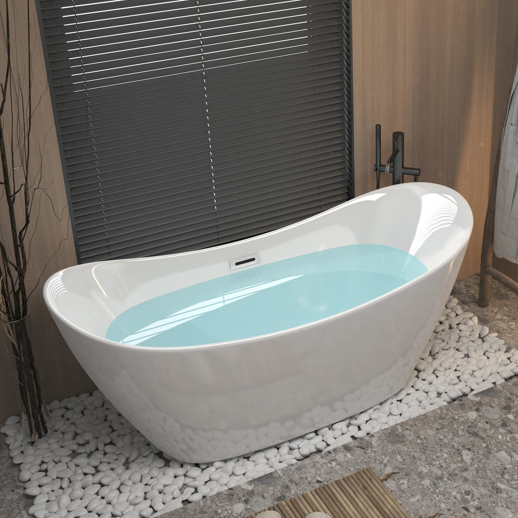 59 "Acrylic freestanding tub, Gloss white,  with chrome overflow and pop-up Drain, CUPC Certified