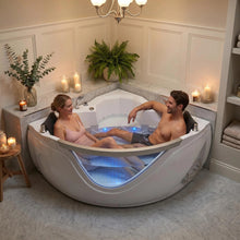 Load image into Gallery viewer, 59" light luxury double corner whirlpool bathtub, 20 sets of multi-directional massage nozzles, chromotherapy healing atmosphere, brand-level certified accessories