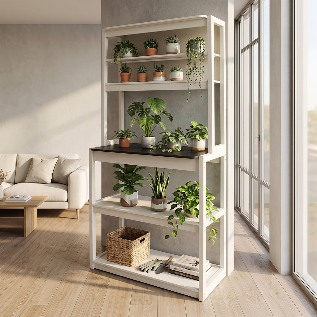 31.5" White and Black color 5-Tier Bakers Rack for Kitchen with Storage, Coffee Bar, Kitchen Shelves,  Microwave Stand