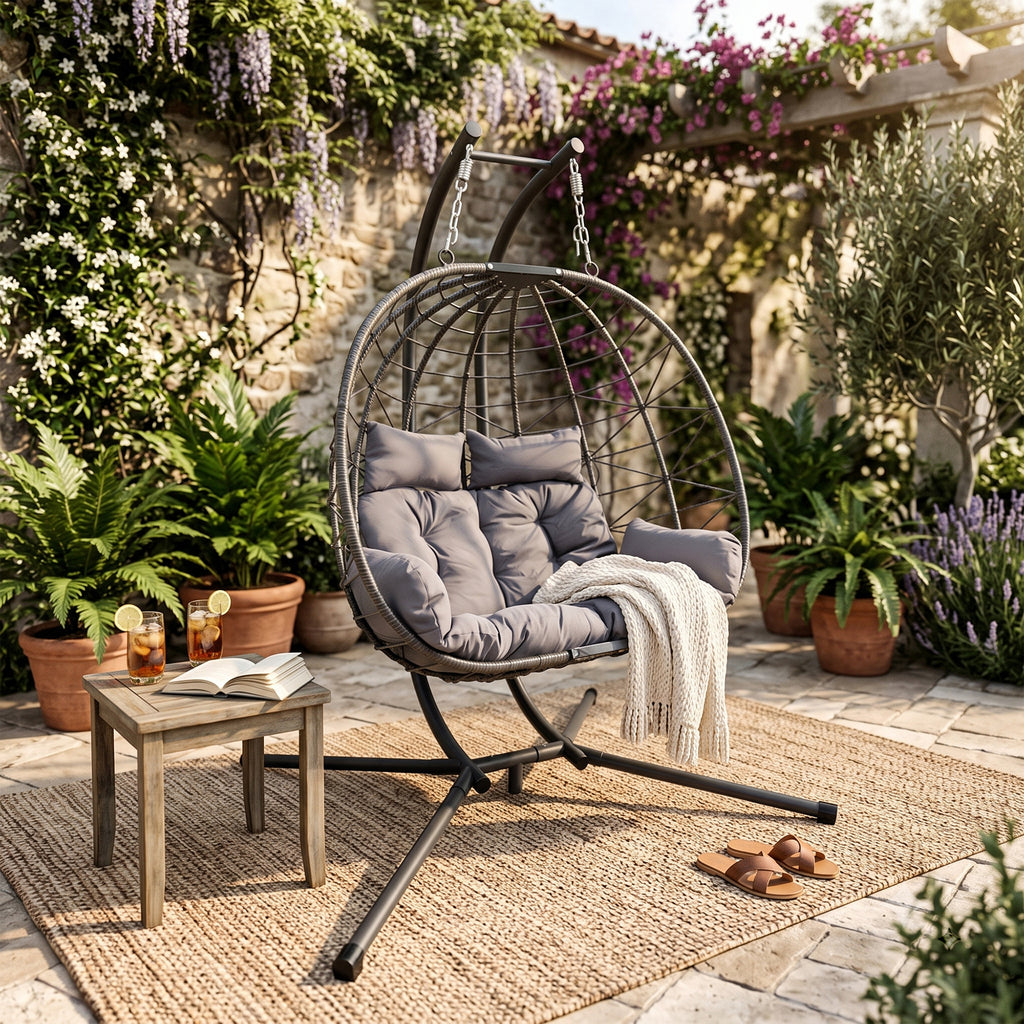 Double Hanging Egg Chair wth Stand, Patio Hammock Swing Chair with Cushion Loveseat for Bedroom, Balcony, Garden, Indoor, Outdoor,(Grey)