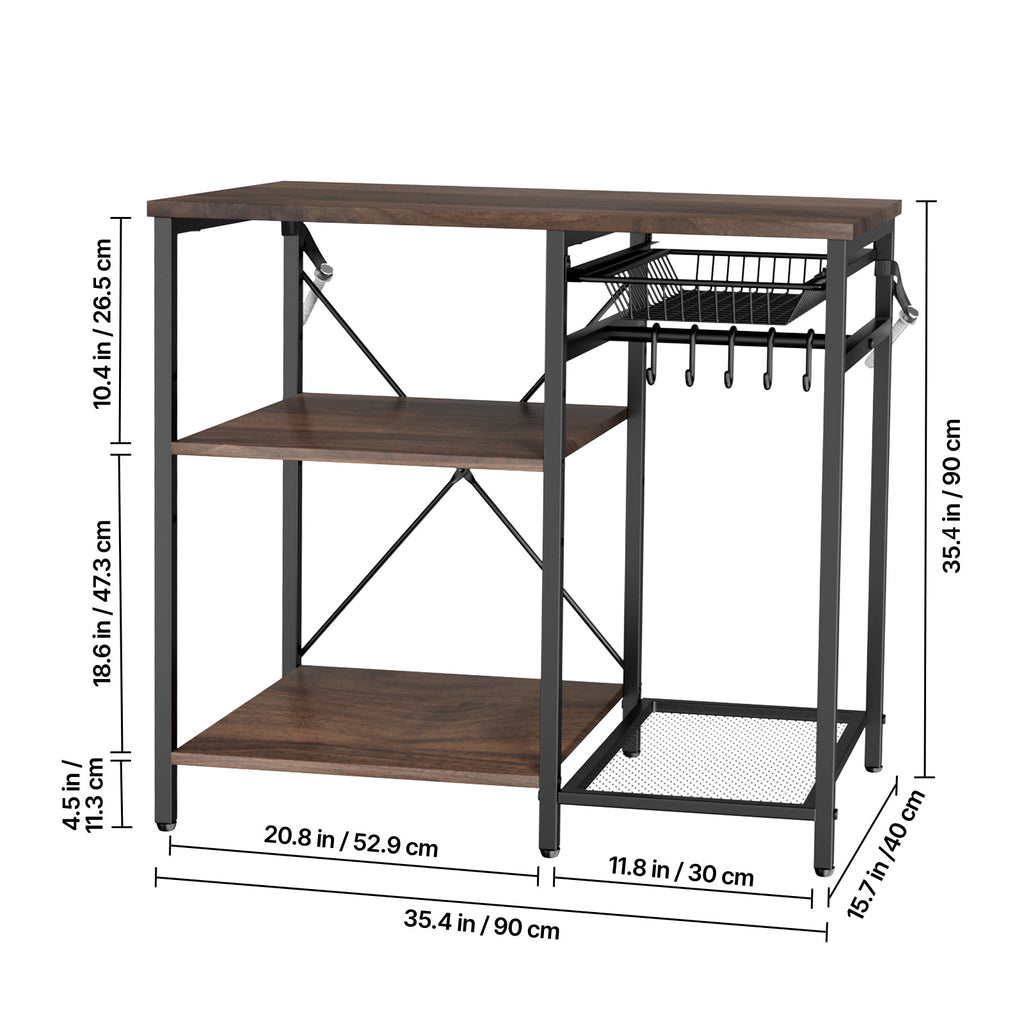 Kitchen Bakers Rack, 35.4 inch Width Bakers Rack, Kitchen Stand with X-Shaped Support Bar, 5 S-Shaped Hooks, Multi-Layer Storage Shelf, Coffee Bar Stand for Dishes & Bowls, Spice Bottles