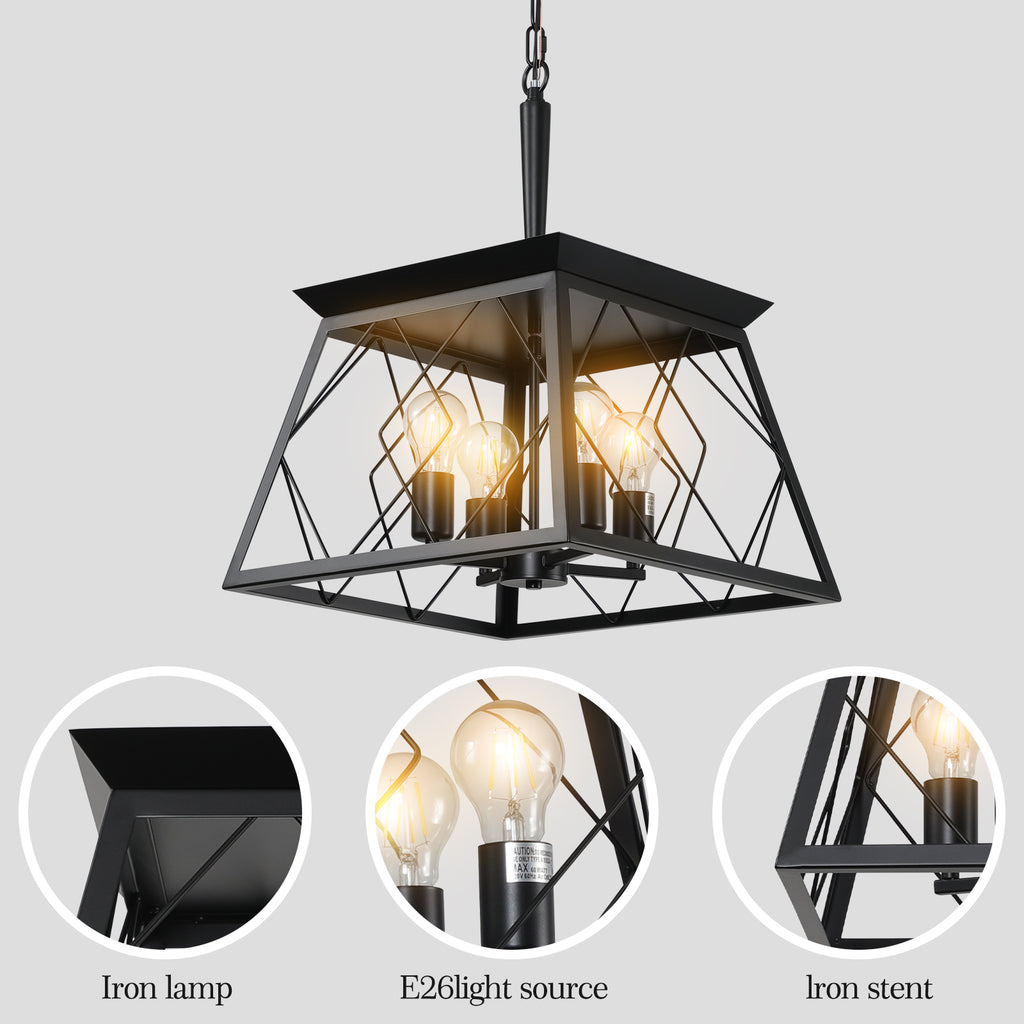 16" Black Industrial 4-Light Pendant Chandelier, Modern Metal Cage Design, Adjustable Hanging Light for Dining Room, Kitchen, Living Room (No Bulbs)