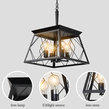 Load image into Gallery viewer, 16" Black Industrial 4-Light Pendant Chandelier, Modern Metal Cage Design, Adjustable Hanging Light for Dining Room, Kitchen, Living Room (No Bulbs)