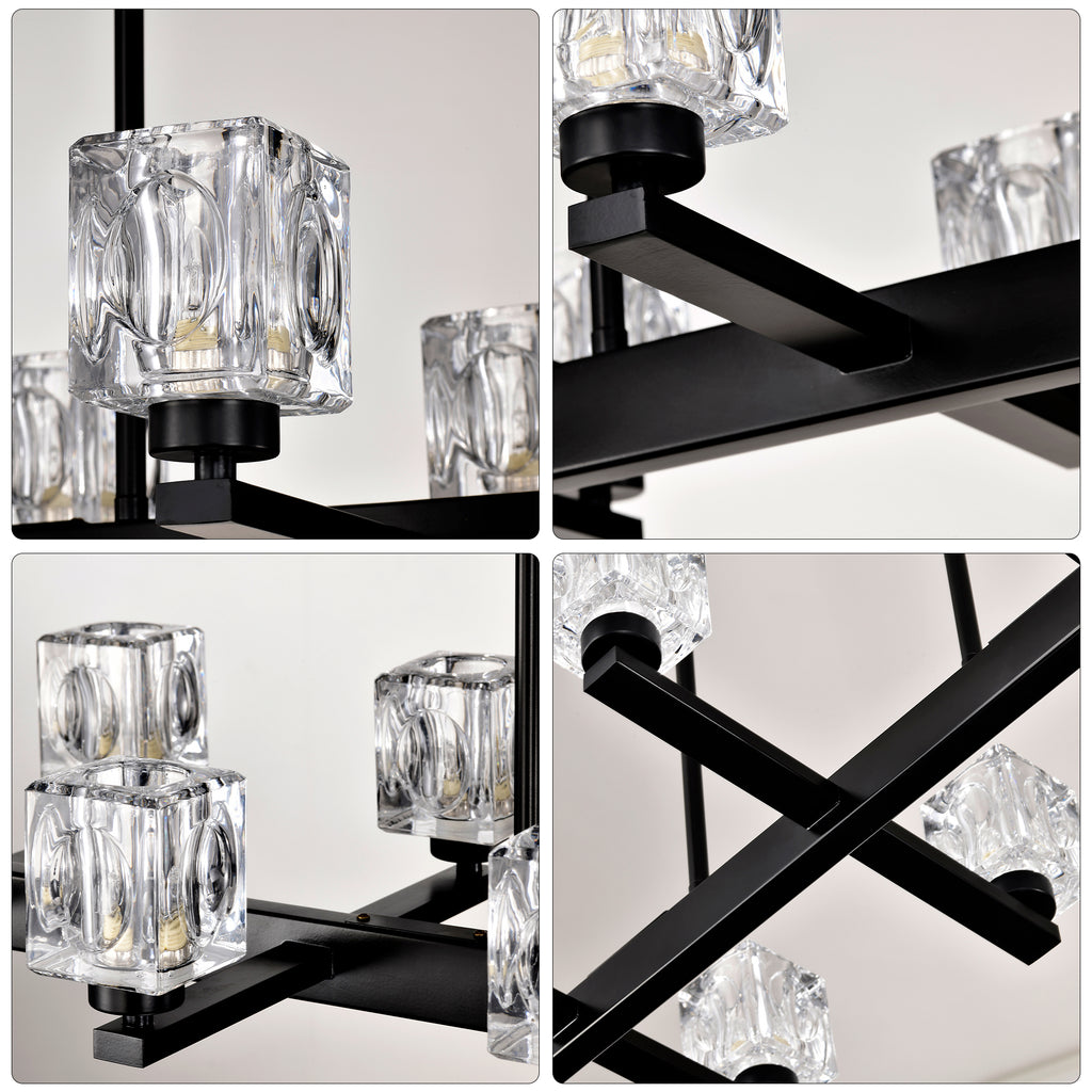 Chandelier for Dining Room, 10-Light Black Farmhouse Linear Pendant Light Fixture, Modern Crystal Hanging Lighting Chandelier for Kitchen Island, Bar, Long Table, G9 Bulb(10*G9*MAX 40W)