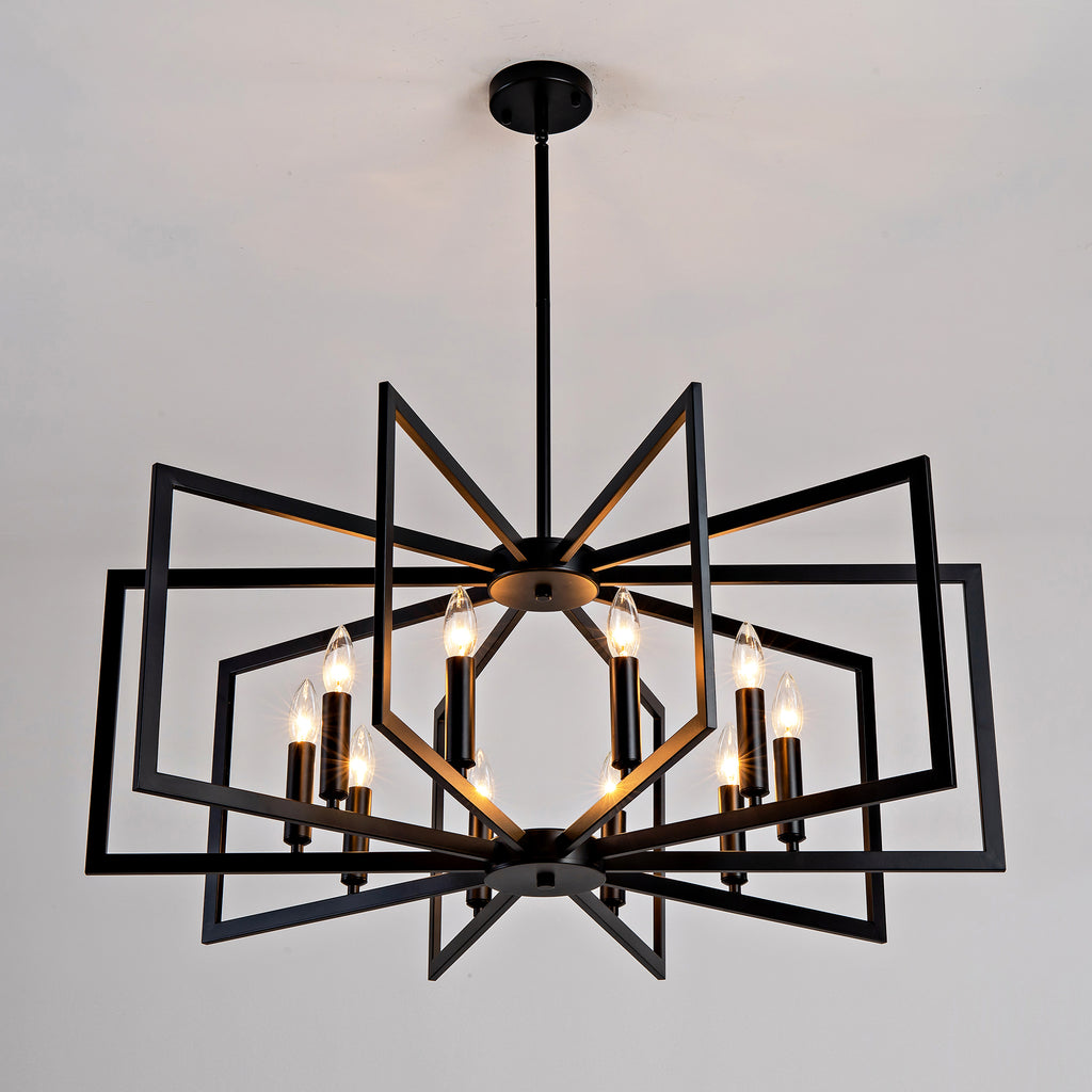 10-Light Metal Lantern Tiered Pendant Hanging Light Fixtures, Industrial Farmhouse Adjustable Height Chandeliers for Dining Room Hallway Foyer Entryway--Matte Black (E26 Bulbs Not Included)