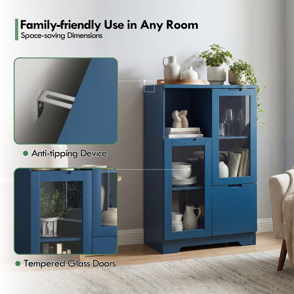 MDF painted Cabinet with Glass Doors and drawer, open storage space, Navy Blue, Bedroom, Living room