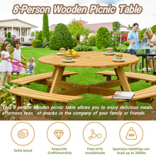 Load image into Gallery viewer, 8-Person Outdoor Round Picnic Table Set with 4 Built-in Benches &amp; Umbrella Hole - Perfect for Garden, Backyard, Porch &amp; Patio - Natural Wood