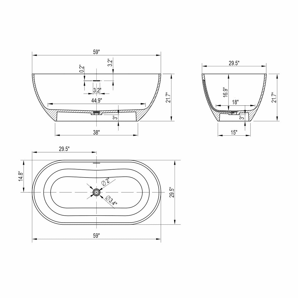 59 inch small size solid surface oval shape freestanding bathtub for the bathroom