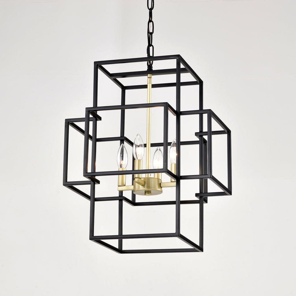 4-Light Metal Lantern Tiered Pendant Hanging Light Fixtures, Industrial Farmhouse Adjustable Height  Chandeliers for Dining Room Hallway Foyer Entryway--Matte Black & Gold (E12 Bulbs Not Included)