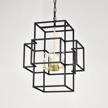Load image into Gallery viewer, 4-Light Metal Lantern Tiered Pendant Hanging Light Fixtures, Industrial Farmhouse Adjustable Height  Chandeliers for Dining Room Hallway Foyer Entryway--Matte Black &amp; Gold (E12 Bulbs Not Included)