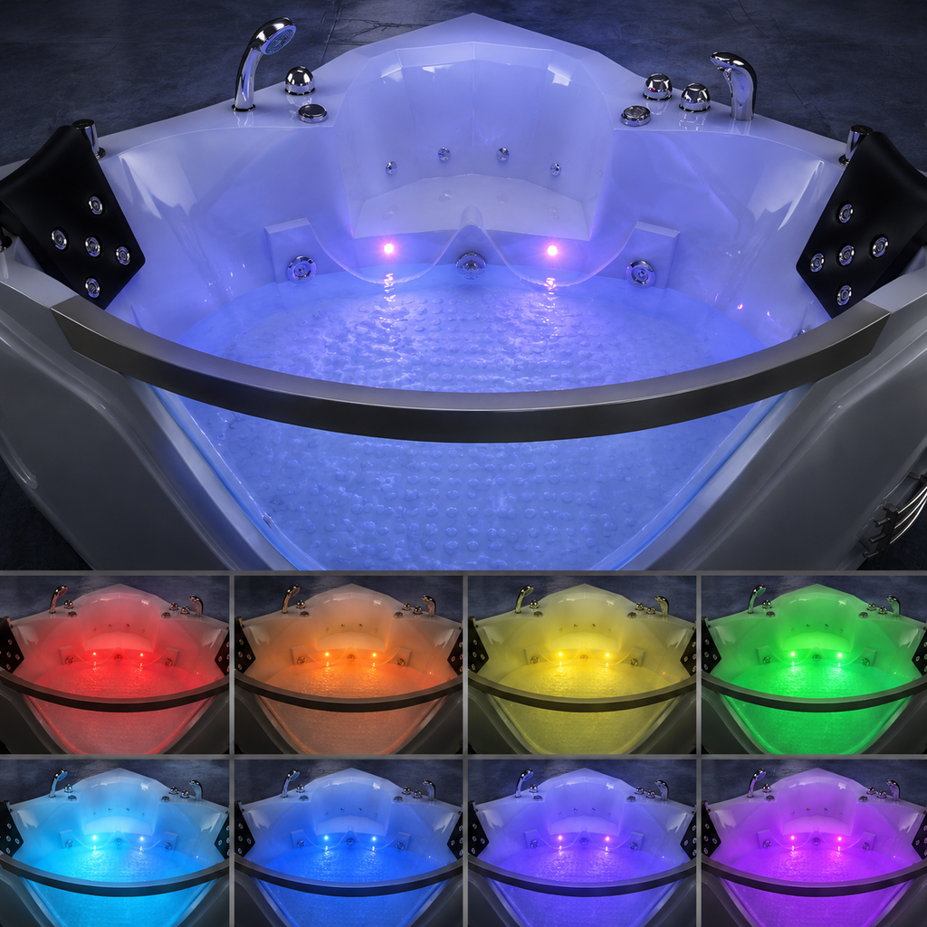 59" light luxury double corner whirlpool bathtub, 20 sets of multi-directional massage nozzles, chromotherapy healing atmosphere, brand-level certified accessories